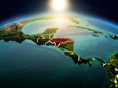Sunrise modeli görünür ülke sınırları ile uzayda Dünya gezegeninin bir Kırmızı vurgulanır Honduras yukarıda. 3D çizim. Nasa tarafından döşenmiş bu görüntü unsurları.