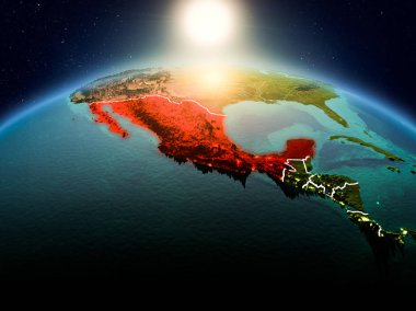 Sunrise yukarıda Meksika modeli görünür ülke sınırları ile uzayda Dünya gezegeninin bir Kırmızı vurgulanır. 3D çizim. Nasa tarafından döşenmiş bu görüntü unsurları.