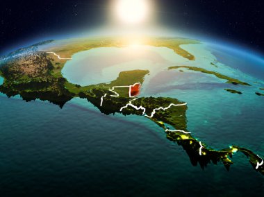 Sunrise modeli görünür ülke sınırları ile uzayda Dünya gezegeninin bir Kırmızı vurgulanır Belize yukarıda. 3D çizim. Nasa tarafından döşenmiş bu görüntü unsurları.