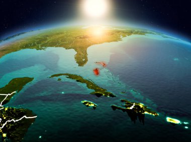 Sunrise modeli görünür ülke sınırları ile uzayda Dünya gezegeninin bir kırmızı vurgulanır Bahamalar yukarıda. 3D çizim. Nasa tarafından döşenmiş bu görüntü unsurları.