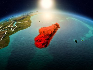 Sunrise modeli görünür ülke sınırları ile uzayda Dünya gezegeninin bir Kırmızı vurgulanır Madagaskar yukarıda. 3D çizim. Nasa tarafından döşenmiş bu görüntü unsurları.