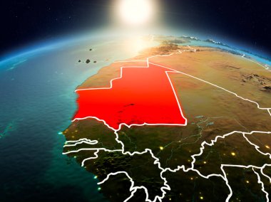 Sunrise modeli görünür ülke sınırları ile uzayda Dünya gezegeninin bir kırmızı vurgulanır Moritanya yukarıda. 3D çizim. Nasa tarafından döşenmiş bu görüntü unsurları.