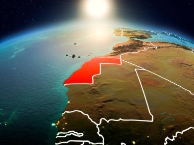 Sunrise yukarıda Batı Sahra modeli görünür ülke sınırları ile uzayda Dünya gezegeninin bir kırmızı vurgulanır. 3D çizim. Nasa tarafından döşenmiş bu görüntü unsurları.