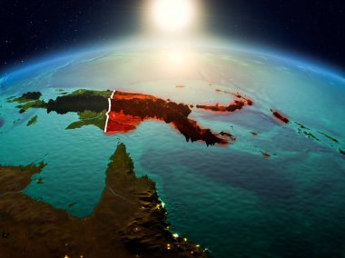Sunrise yukarıda Papua Yeni Gine modeli görünür ülke sınırları ile uzayda Dünya gezegeninin bir kırmızı vurgulanır. 3D çizim. Nasa tarafından döşenmiş bu görüntü unsurları.