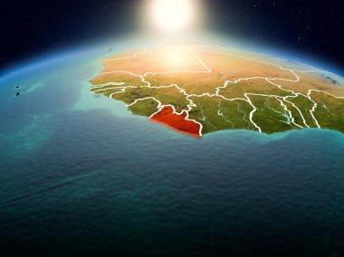 Sunrise modeli görünür ülke sınırları ile uzayda Dünya gezegeninin bir kırmızı vurgulanır Liberya yukarıda. 3D çizim. Nasa tarafından döşenmiş bu görüntü unsurları.