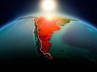 Sunrise yukarıda Arjantin modeli görünür ülke sınırları ile uzayda Dünya gezegeninin bir Kırmızı vurgulanır. 3D çizim. Nasa tarafından döşenmiş bu görüntü unsurları.