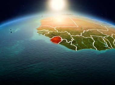 Sunrise yukarıda Sierra Leone modeli görünür ülke sınırları ile uzayda Dünya gezegeninin bir kırmızı vurgulanır. 3D çizim. Nasa tarafından döşenmiş bu görüntü unsurları.