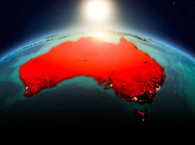 Sunrise modeli görünür ülke sınırları ile uzayda Dünya gezegeninin bir kırmızı vurgulanır Avustralya yukarıda. 3D çizim. Nasa tarafından döşenmiş bu görüntü unsurları.