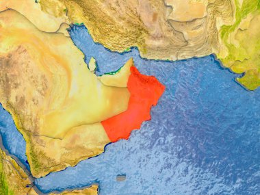 Umman Kırmızı kabarık ülkelerle gerçekçi harita üzerinde. 3D çizim. Nasa tarafından döşenmiş bu görüntü unsurları.