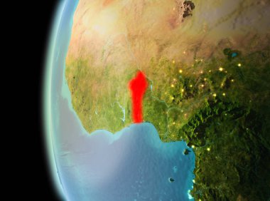 Dünya yörüngesine geç akşam görüldüğü gibi Benin Illustration. 3D çizim. Nasa tarafından döşenmiş bu görüntü unsurları.