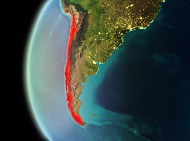 Dünya yörüngesine geç akşam görüldüğü gibi Şili Illustration. 3D çizim. Nasa tarafından döşenmiş bu görüntü unsurları.