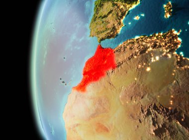 Dünya yörüngesine geç akşam görüldüğü gibi Fas Illustration. 3D çizim. Nasa tarafından döşenmiş bu görüntü unsurları.