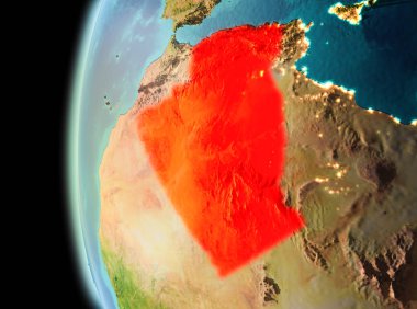 Dünya yörüngesine geç akşam görüldüğü gibi Cezayir Illustration. 3D çizim. Nasa tarafından döşenmiş bu görüntü unsurları.