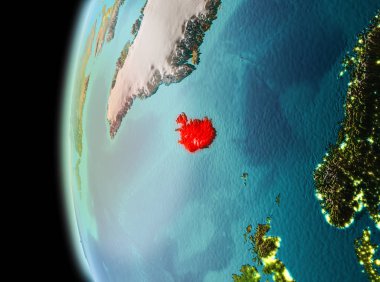 Dünya yörüngesine geç akşam görüldüğü gibi İzlanda Illustration. 3D çizim. Nasa tarafından döşenmiş bu görüntü unsurları.