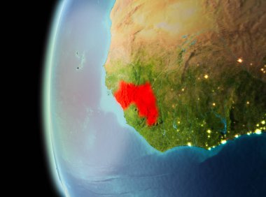 Dünya yörüngesine geç akşam görüldüğü gibi Gine Illustration. 3D çizim. Nasa tarafından döşenmiş bu görüntü unsurları.