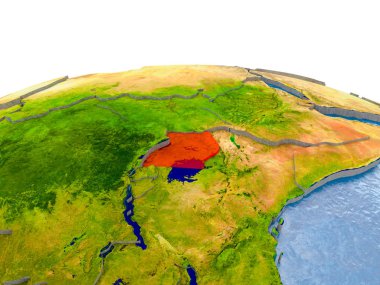Uganda gerçekçi arazi yüzeyi, görünür ülke sınırları ve okyanuslar yerine su ile dünya üzerinde kırmızı vurgulanır. 3D çizim. Nasa tarafından döşenmiş bu görüntü unsurları.
