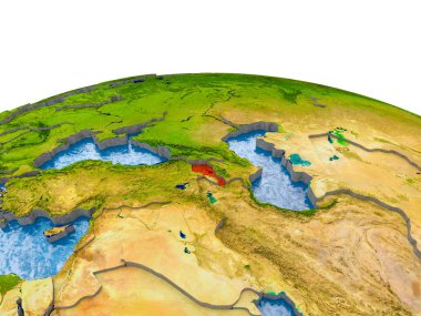 Ermenistan gerçekçi arazi yüzeyi, görünür ülke sınırları ve okyanuslar yerine su ile dünya üzerinde kırmızı vurgulanır. 3D çizim. Nasa tarafından döşenmiş bu görüntü unsurları.