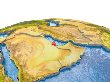 Katar gerçekçi arazi yüzeyi, görünür ülke sınırları ve okyanuslar yerine su ile dünya üzerinde kırmızı vurgulanır. 3D çizim. Nasa tarafından döşenmiş bu görüntü unsurları.