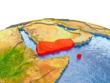 Yemen gerçekçi arazi yüzeyi, görünür ülke sınırları ve okyanuslar yerine su ile dünya üzerinde kırmızı vurgulanır. 3D çizim. Nasa tarafından döşenmiş bu görüntü unsurları.