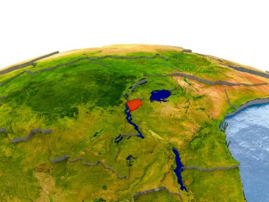 Burundi gerçekçi arazi yüzeyi, görünür ülke sınırları ve okyanuslar yerine su ile dünya üzerinde kırmızı vurgulanır. 3D çizim. Nasa tarafından döşenmiş bu görüntü unsurları.