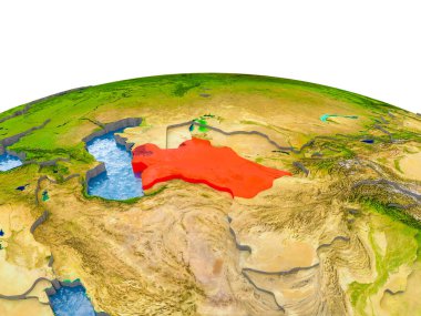 Türkmenistan gerçekçi arazi yüzeyi, görünür ülke sınırları ve okyanuslar yerine su ile dünya üzerinde kırmızı vurgulanır. 3D çizim. Nasa tarafından döşenmiş bu görüntü unsurları.