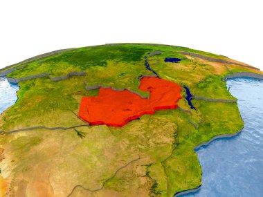 Zambiya gerçekçi arazi yüzeyi, görünür ülke sınırları ve okyanuslar yerine su ile dünya üzerinde kırmızı vurgulanır. 3D çizim. Nasa tarafından döşenmiş bu görüntü unsurları.