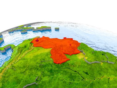 Venezuela gerçekçi arazi yüzeyi, görünür ülke sınırları ve okyanuslar yerine su ile dünya üzerinde kırmızı vurgulanır. 3D çizim. Nasa tarafından döşenmiş bu görüntü unsurları.