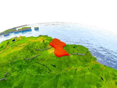 Guyana gerçekçi arazi yüzeyi, görünür ülke sınırları ve okyanuslar yerine su ile dünya üzerinde kırmızı vurgulanır. 3D çizim. Nasa tarafından döşenmiş bu görüntü unsurları.