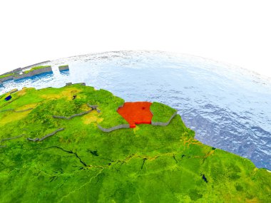 Surinam gerçekçi arazi yüzeyi, görünür ülke sınırları ve okyanuslar yerine su ile dünya üzerinde kırmızı vurgulanır. 3D çizim. Nasa tarafından döşenmiş bu görüntü unsurları.