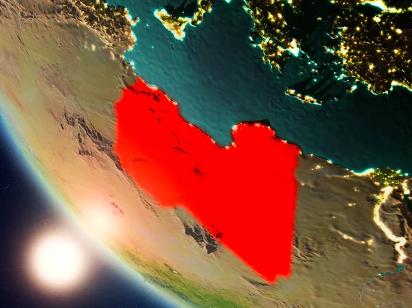Planet Earth görünür ülke sınırları ile kırmızı günbatımı sırasında vurgulanan Libya uydu görüntüsü. 3D çizim. Nasa tarafından döşenmiş bu görüntü unsurları.