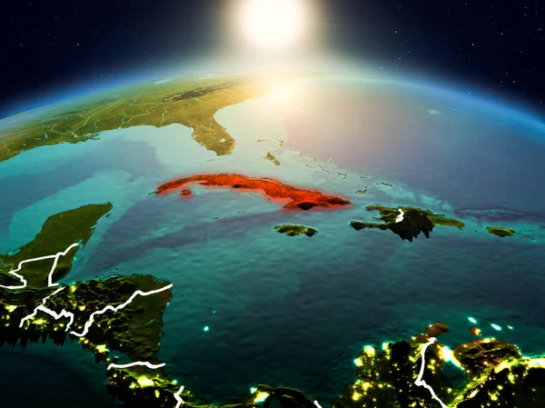 Sunrise yukarıda Küba modeli görünür ülke sınırları ile uzayda Dünya gezegeninin bir Kırmızı vurgulanır. 3D çizim. Nasa tarafından döşenmiş bu görüntü unsurları.