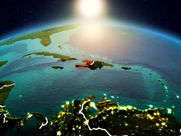 Sunrise modeli görünür ülke sınırları ile uzayda Dünya gezegeninin bir Kırmızı vurgulanır Haiti yukarıda. 3D çizim. Nasa tarafından döşenmiş bu görüntü unsurları.