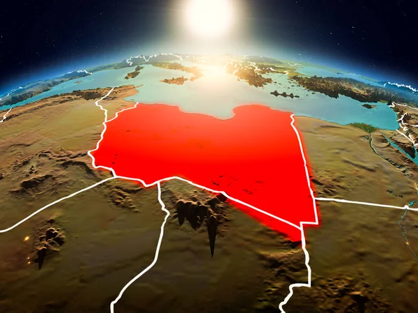 Sunrise modeli görünür ülke sınırları ile uzayda Dünya gezegeninin bir kırmızı vurgulanır Libya yukarıda. 3D çizim. Nasa tarafından döşenmiş bu görüntü unsurları.