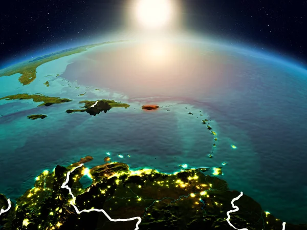 Sunrise yukarıda Porto Riko modeli görünür ülke sınırları ile uzayda Dünya gezegeninin bir Kırmızı vurgulanır. 3D çizim. Nasa tarafından döşenmiş bu görüntü unsurları.