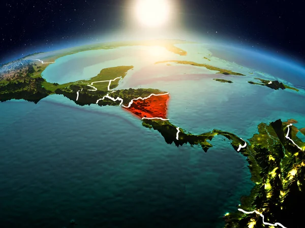 Sunrise modeli görünür ülke sınırları ile uzayda Dünya gezegeninin bir Kırmızı vurgulanır Nikaragua yukarıda. 3D çizim. Nasa tarafından döşenmiş bu görüntü unsurları.