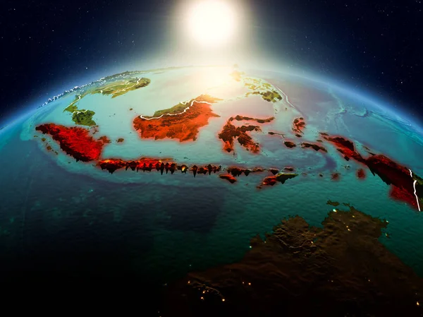 Sunrise yukarıda Endonezya modeli görünür ülke sınırları ile uzayda Dünya gezegeninin bir Kırmızı vurgulanır. 3D çizim. Nasa tarafından döşenmiş bu görüntü unsurları.