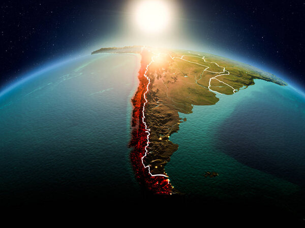 Sunrise above Chile highlighted in red on model of planet Earth in space with visible country borders. 3D illustration. Elements of this image furnished by NASA.