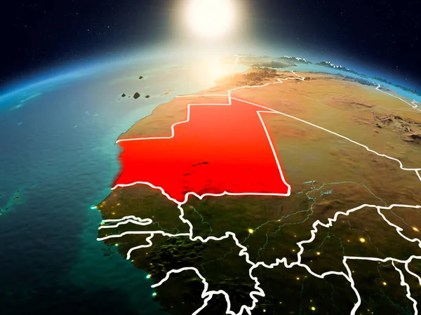 Sunrise modeli görünür ülke sınırları ile uzayda Dünya gezegeninin bir kırmızı vurgulanır Moritanya yukarıda. 3D çizim. Nasa tarafından döşenmiş bu görüntü unsurları.