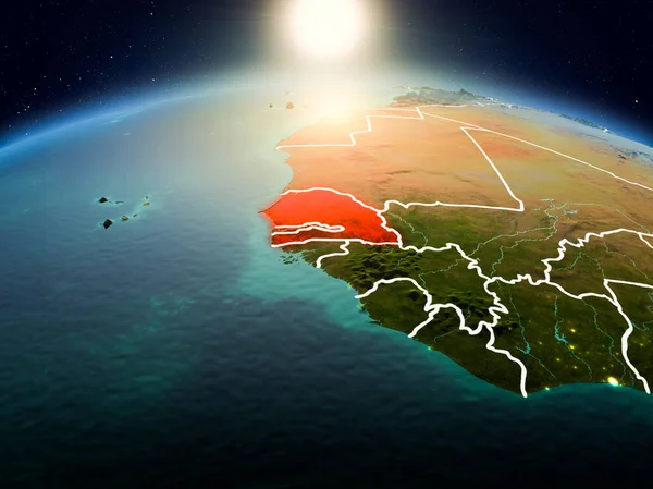Sunrise modeli görünür ülke sınırları ile uzayda Dünya gezegeninin bir kırmızı vurgulanır Senegal yukarıda. 3D çizim. Nasa tarafından döşenmiş bu görüntü unsurları.