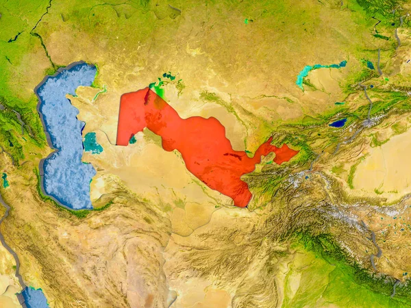 Uzbekistan in red on realistic map with embossed countries. 3D illustration. Elements of this image furnished by NASA.
