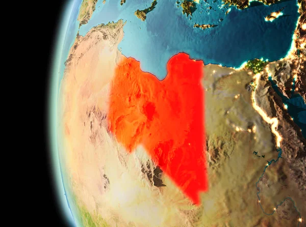 Dünya yörüngesine geç akşam görüldüğü gibi Libya Illustration. 3D çizim. Nasa tarafından döşenmiş bu görüntü unsurları.