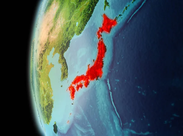 Dünya yörüngesine geç akşam görüldüğü gibi Japonya Illustration. 3D çizim. Nasa tarafından döşenmiş bu görüntü unsurları.