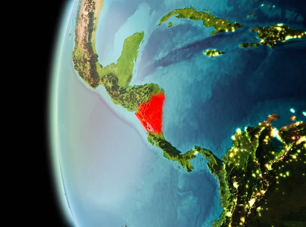 Dünya yörüngesine geç akşam görüldüğü gibi Nikaragua Illustration. 3D çizim. Nasa tarafından döşenmiş bu görüntü unsurları.