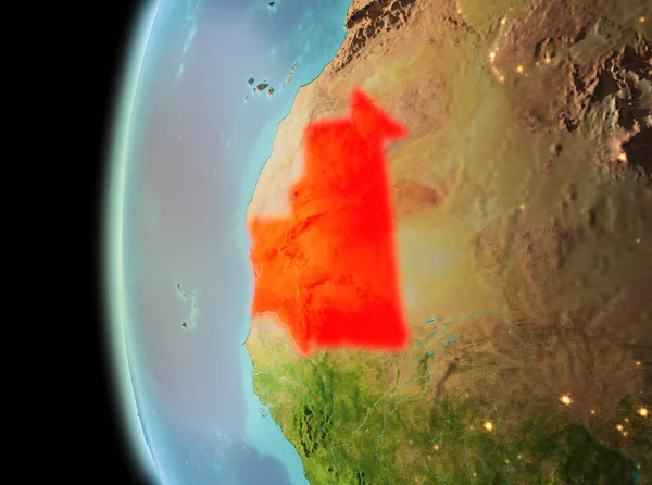 Dünya yörüngesine geç akşam görüldüğü gibi Moritanya Illustration. 3D çizim. Nasa tarafından döşenmiş bu görüntü unsurları.
