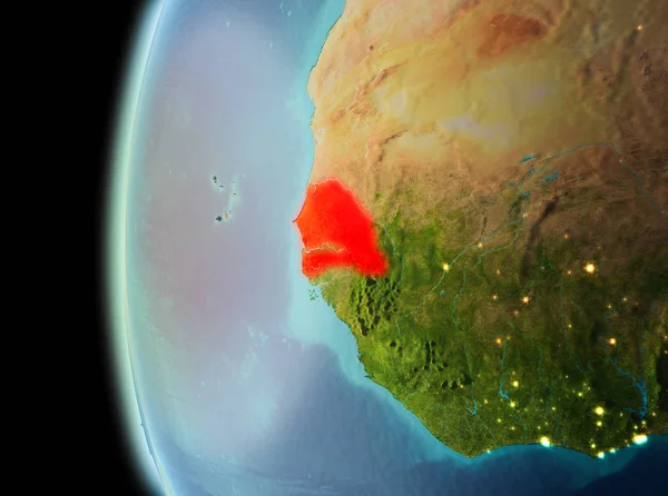 Illustration of Senegal as seen from Earth orbit in late evening. 3D illustration. Elements of this image furnished by NASA.