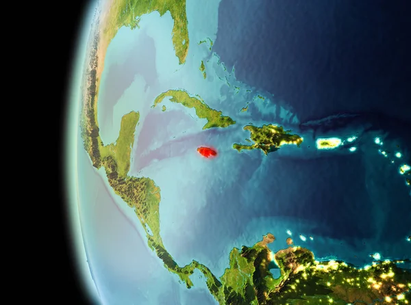 Dünya yörüngesine geç akşam görüldüğü gibi Jamaika Illustration. 3D çizim. Nasa tarafından döşenmiş bu görüntü unsurları.