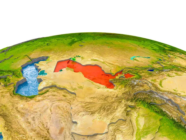 Özbekistan gerçekçi arazi yüzeyi, görünür ülke sınırları ve okyanuslar yerine su ile dünya üzerinde kırmızı vurgulanır. 3D çizim. Nasa tarafından döşenmiş bu görüntü unsurları.