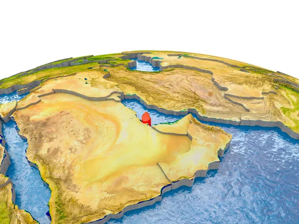 Katar gerçekçi arazi yüzeyi, görünür ülke sınırları ve okyanuslar yerine su ile dünya üzerinde kırmızı vurgulanır. 3D çizim. Nasa tarafından döşenmiş bu görüntü unsurları.