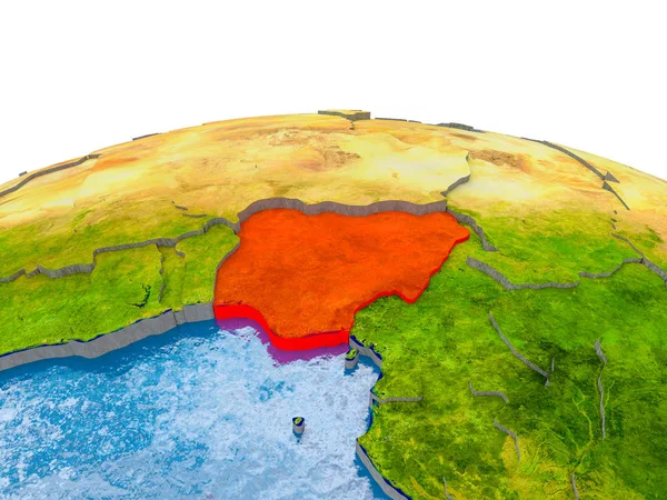 Nigeria highlighted in red on globe with realistic land surface, visible country borders and water in place of oceans. 3D illustration. Elements of this image furnished by NASA.
