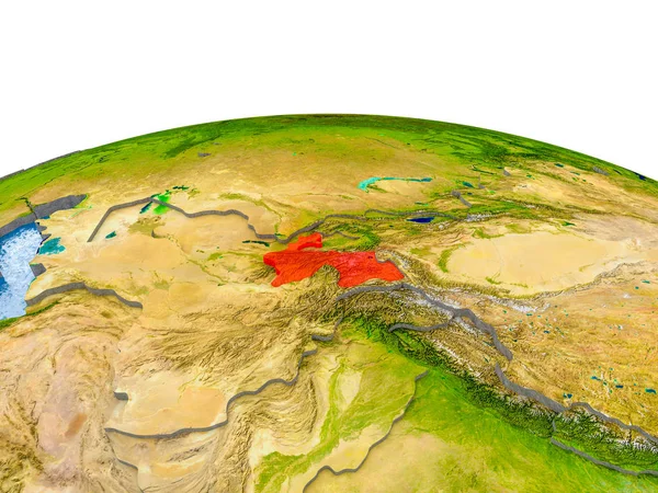 Tajikistan highlighted in red on globe with realistic land surface, visible country borders and water in place of oceans. 3D illustration. Elements of this image furnished by NASA.